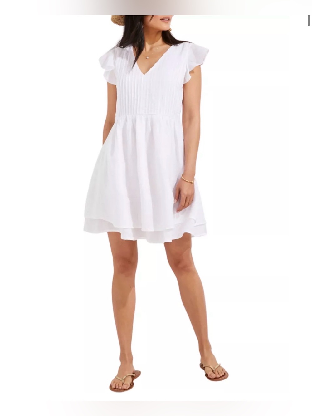 Vineyard Vines White Pintuck Linen Flutter Sleeve Mini Dress